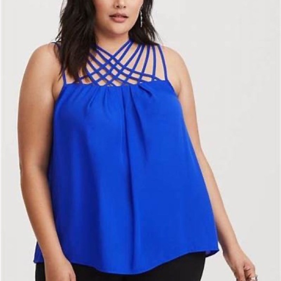 torrid Tops - Torrid Georgette Tank Top Womens 0 Blue Lattice Strappy Neck Blouse Sleeveless
